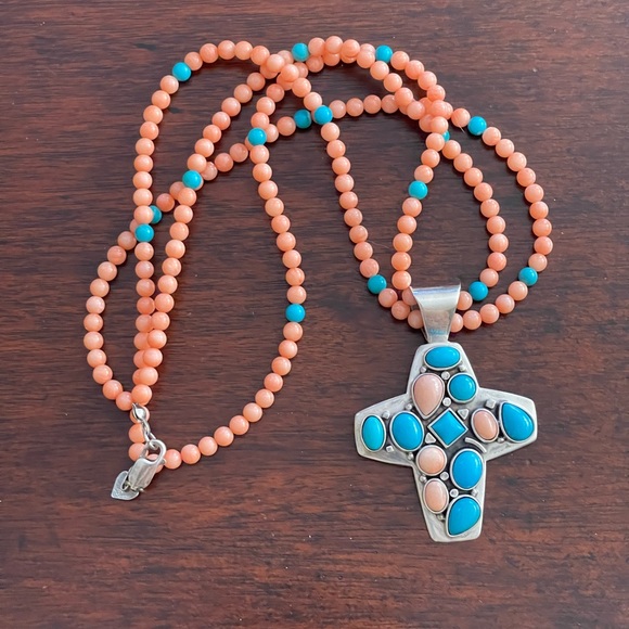 Jay King DTR turquoise coral sterling silver cross pendant necklace - Picture 2 of 11